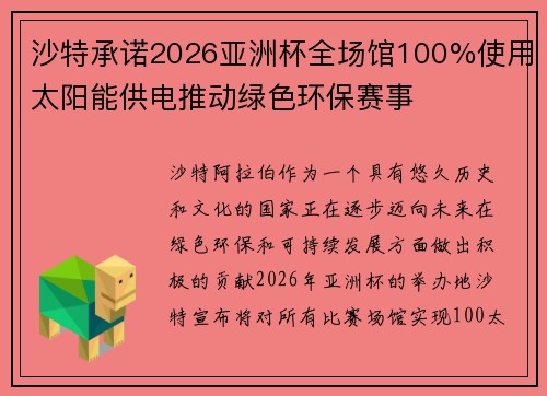 沙特承诺2026亚洲杯全场馆100%使用太阳能供电推动绿色环保赛事 沙特承诺2026亚洲杯全场馆100%使用太阳能供电推动绿色环保赛事